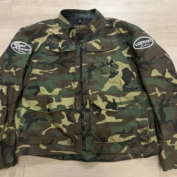 Vanson x Suzuki Leather Camo Motorcycle Biker Quad Runner USA Jacket